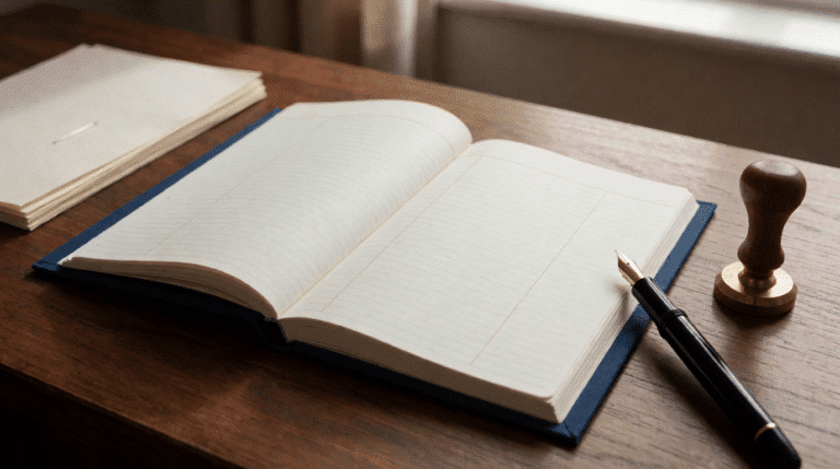 Open blue register book with a fountain pen and company stamp on a desk