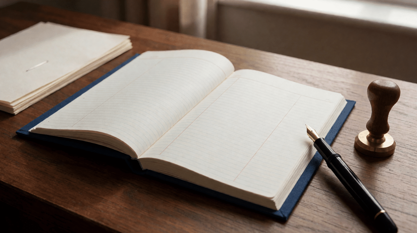 Open blue register book with a fountain pen and company stamp on a desk