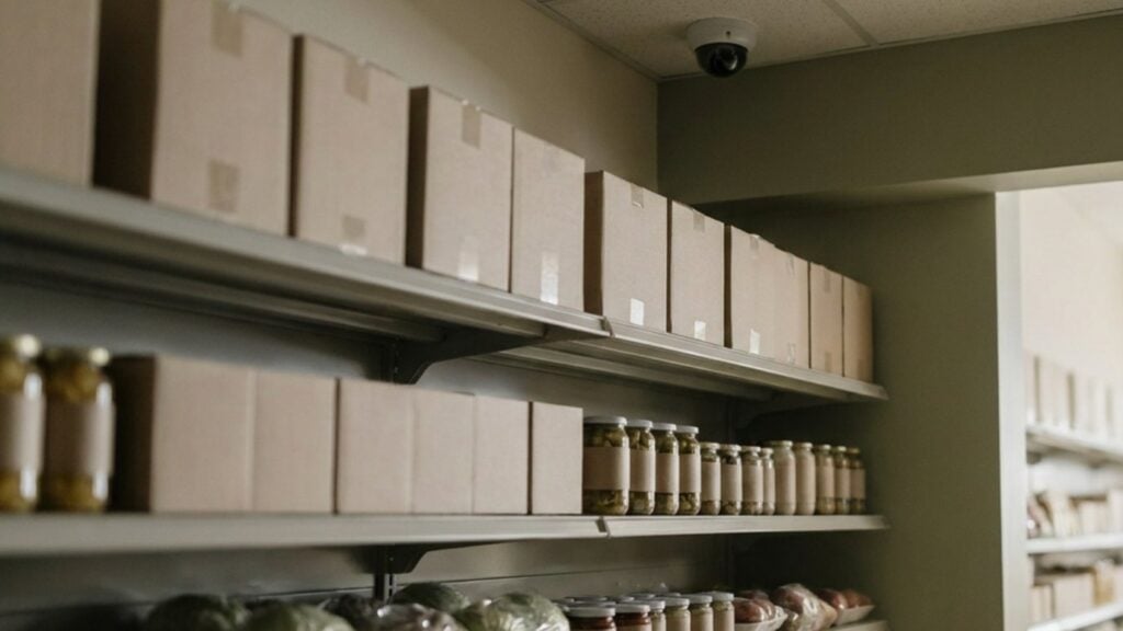 Shop shelves with boxes and jars and a security camera on the ceiling