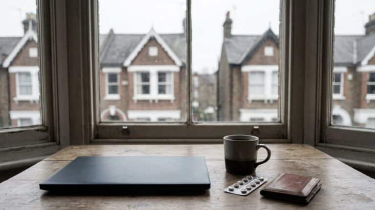 Desk with a closed laptop, a mug of tea, medicine and a wallet by a window