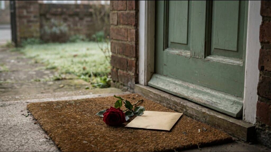Red rose and envelope on the doormat in front of a door