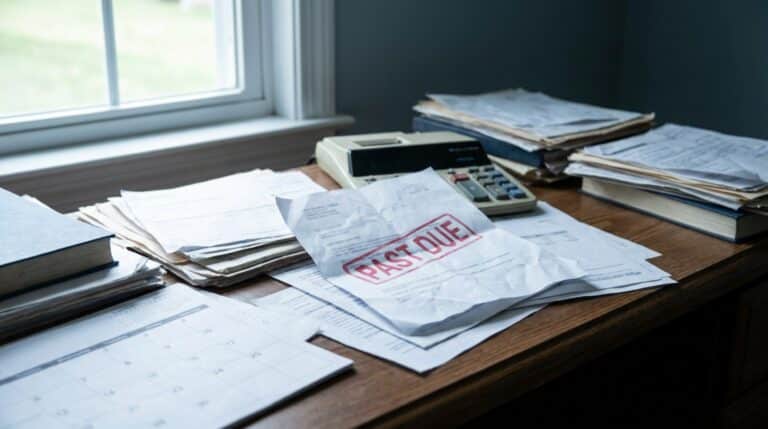 Office desk with an overdue invoice, a calculator and a calendar