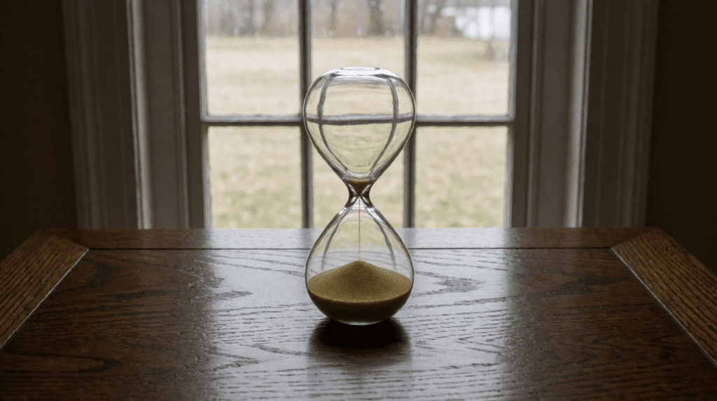 Hourglass on a wooden desk with a canal view behind