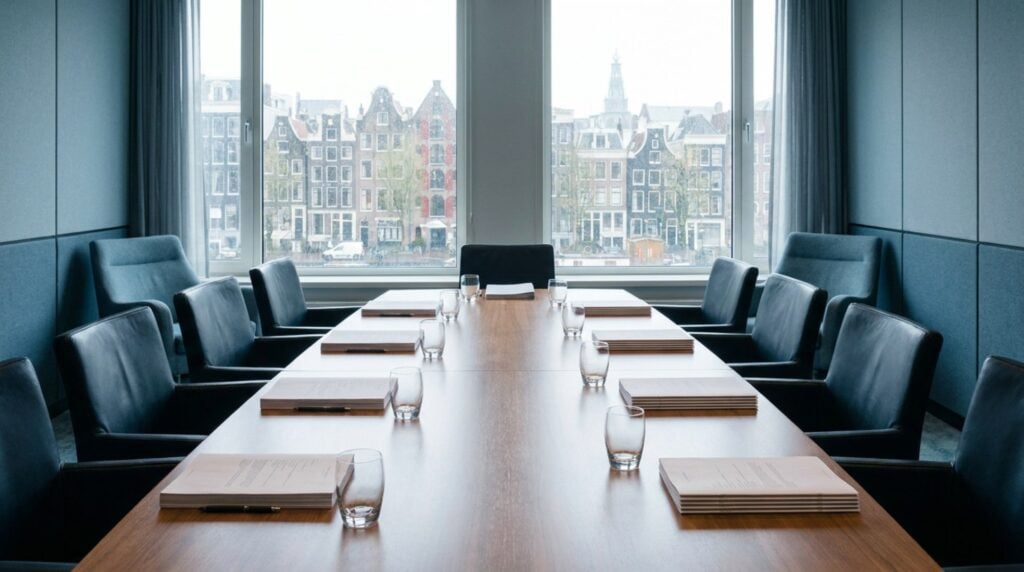 Empty boardroom with meeting documents and a view over Amsterdam canal houses