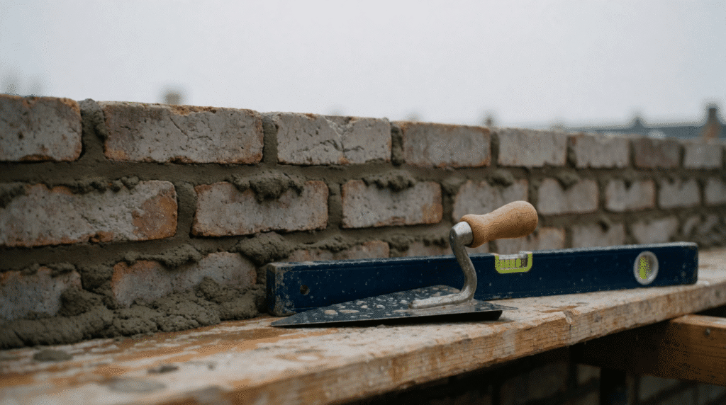 Unfinished brick wall with a trowel and spirit level on scaffolding
