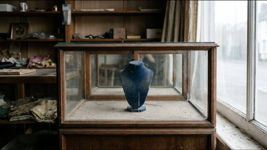 Empty display case with a jewellery bust in a shop