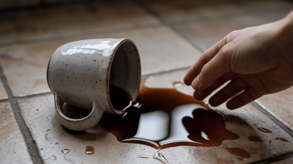 Dropped mug on a tiled floor beside spilled coffee with a hand reaching in