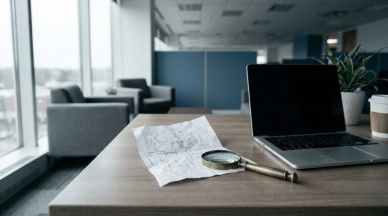 Ownership structure chart on paper with a magnifying glass next to a laptop