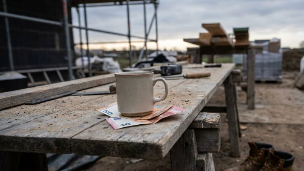 Euro banknotes under a coffee mug on a workbench at a building site