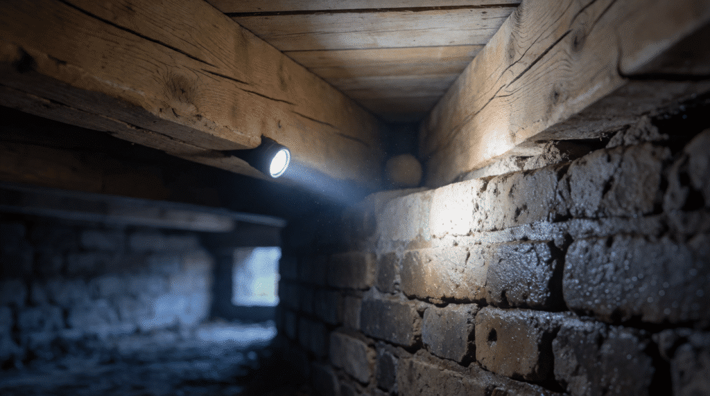 Flashlight beam on damp brick and beams in a crawl space