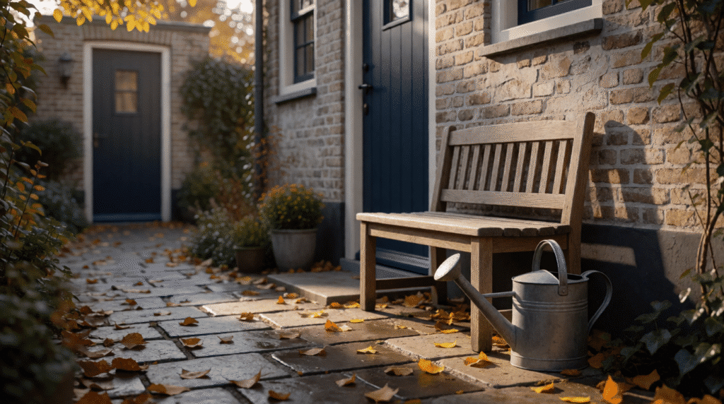 Garden bench and watering can by the back door of a home in autumn