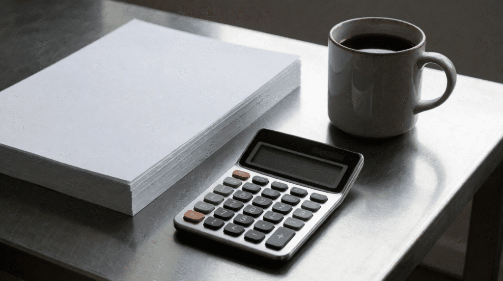 Calculator and a stack of paper next to a coffee cup on a steel desk
