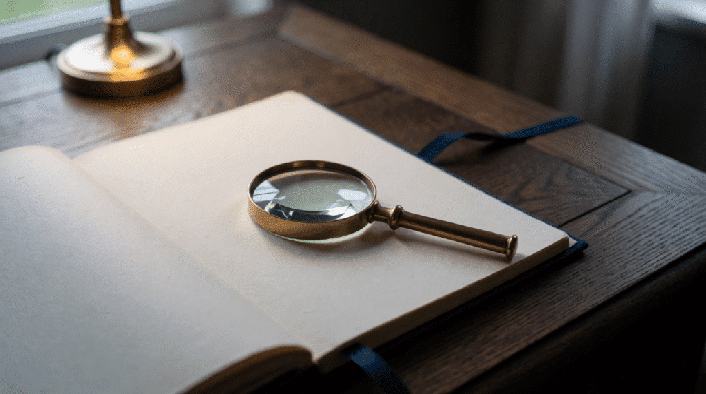 Magnifying glass on a blank ledger on a dark oak desk
