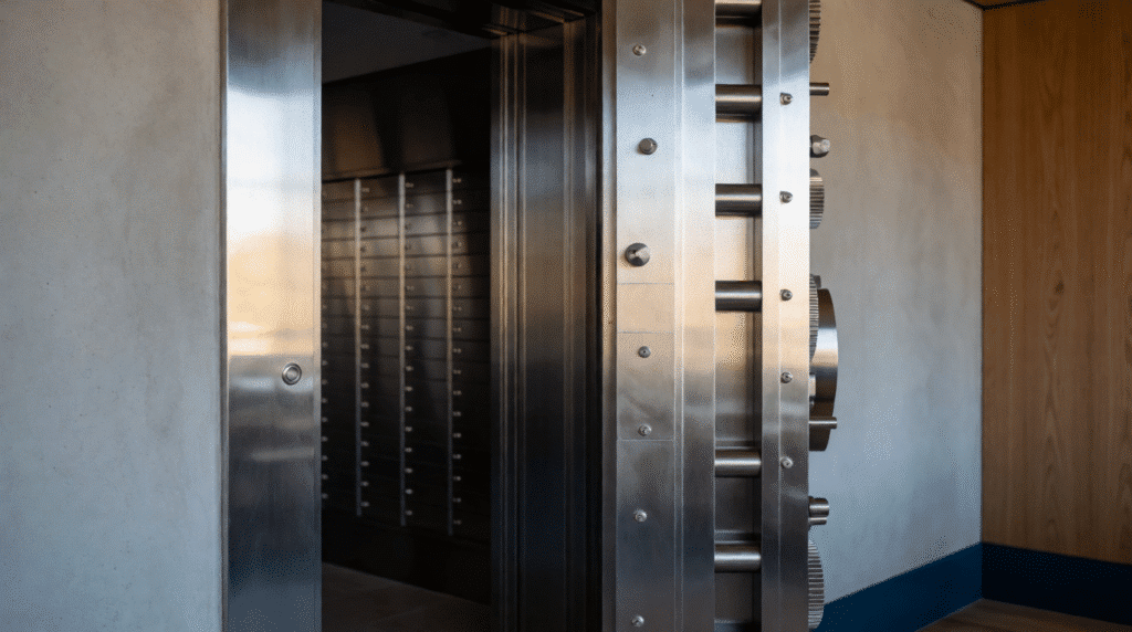 Steel vault door slightly ajar with safe deposit boxes behind it