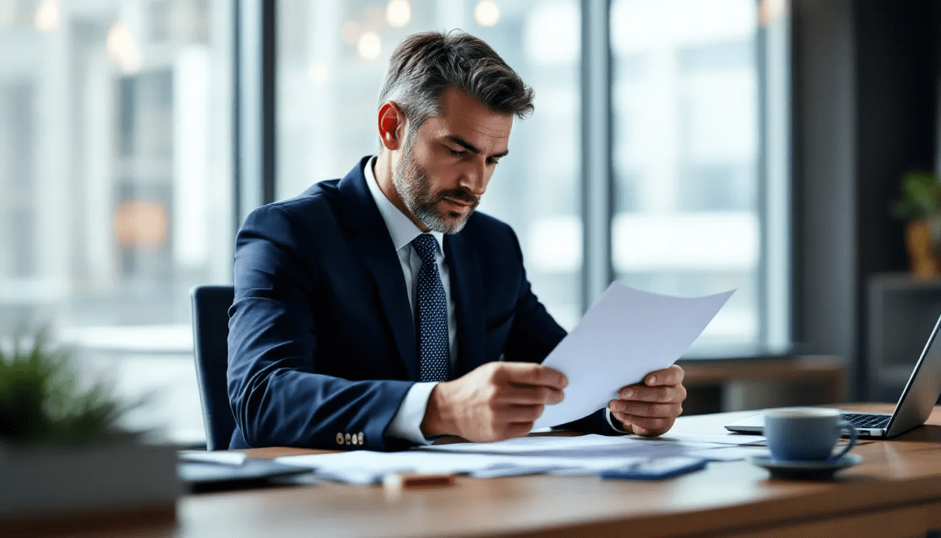 Drafting General Terms and Conditions: Complete Guide for Entrepreneurs 1 Een zakenman zit aan een bureau met een laptop en bekijkt juridische documenten. Op de tafel liggen verschillende papieren, mogelijk gerelateerd aan het opstellen van algemene voorwaarden en wettelijke verplichtingen.