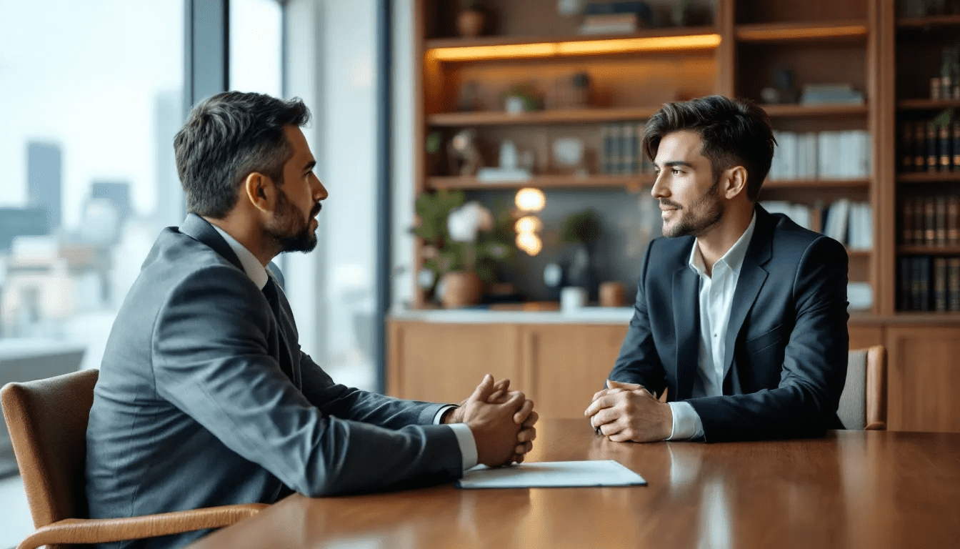 Een persoon is in gesprek met een gespecialiseerde advocaat in een kantoorruimte, waar juridische bijstand wordt geboden aan slachtoffers van gewelds- en zedenmisdrijven ។ De advocaat bespreekt het juridische traject en de mogelijkheden voor schadevergoeding met de cliÃ«nt.