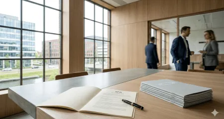 Modern Dutch notary office with contract documents and due diligence folders on meeting table