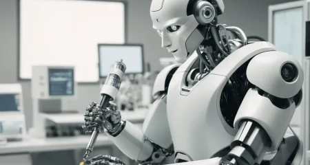 Robot preparing a syringe for injection.