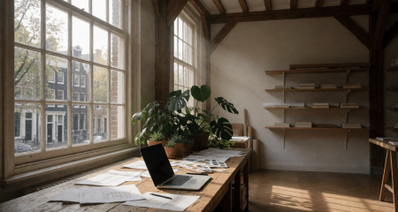 Small design studio in an Amsterdam canal house with a laptop and sketches on a wooden table