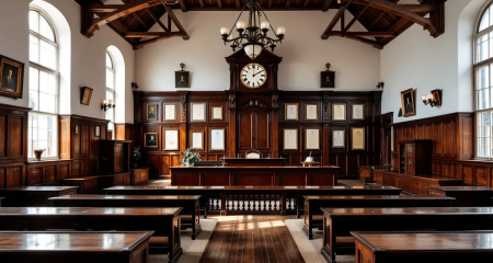 Empty Dutch courtroom with wooden benches, seen from the public gallery