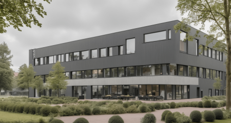 Modern building surrounded by landscaped gardens.