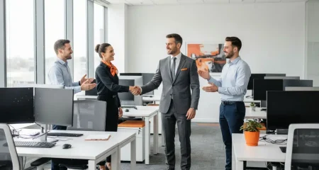 Colleagues talking in a bright office, illustrating rebuilding a business reputation after a legal setback