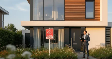 Modern house with for sale sign.