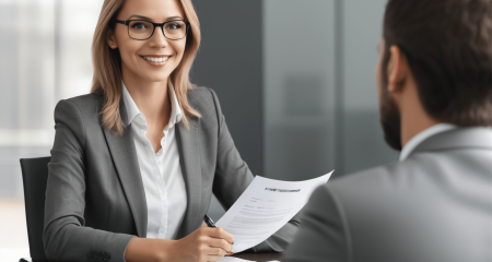 Professional interview in modern office setting.