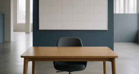 Half-empty office with one abandoned desk and a planning board