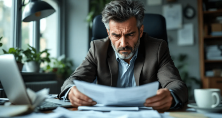 Stressed business owner at a desk covered in financial paperwork, illustrating bankruptcy fraud in the Netherlands