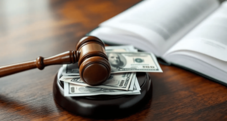 A gavel beside stacks of cash and legal documents, illustrating money laundering as a criminal offence.