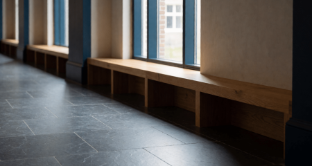 An empty wooden bench in a quiet courthouse corridor with tall windows and soft daylight.