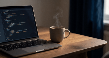 Laptop showing lines of code on a wooden desk beside coffee