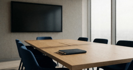 Empty meeting room with a blank screen and a closed notebook