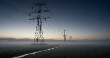 High-voltage pylons in a Dutch polder at first light