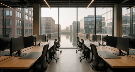 Modern open-plan office with desks and monitors and large windows overlooking a canal
