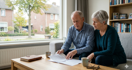 an elderly Dutch couple sitting together on a sofa in their modern living room, studying a legal document. The man and woman are both looking down with concerned expressions at the document on the coffee table in front of them. Also on the table are two mugs, a notebook, and a pair of glasses. The background features a large window with a view of typical Dutch houses and trees