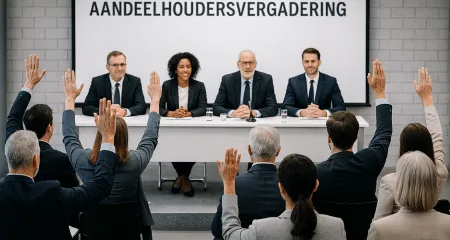 Shareholders raising hands in meeting.