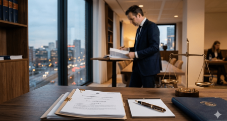 Заң кеңсесінде құқықтық құжаттарды қарап жатқан адвокат — WSNP қарызын қайта құрылымдаудан кейінгі кредиторлардың құқықтарын білдіреді