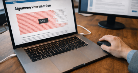 Overhead view of laptop copying terms and conditions from website, warning visualization of legal risks when copying from internet