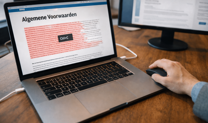 Overhead view of laptop copying terms and conditions from website, warning visualization of legal risks when copying from internet