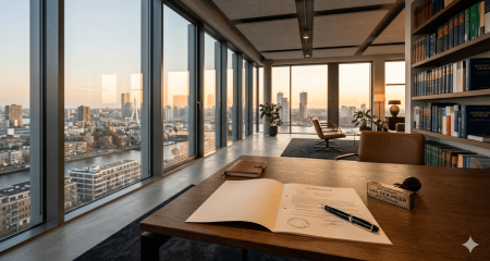 Нотариалды куәландырылған құжаты мен жазу қаламы бар заманауи голландиялық заң фирмасының кеңсесі, алтын сағатта еденнен төбеге дейінгі терезелерден қаланың көкжиегі көрінеді - бұл Нидерландыда BV компаниясының құрылуын көрсетеді.