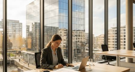 Терезе жанындағы заманауи үстелде заңды құжаттарды қарап отырған кәсіпкер, фонда бизнес ауданының көрінісі бар, бұл Нидерландыда жекеменшік жауапкершілігі шектеулі серіктестікті құру процесін білдіреді.