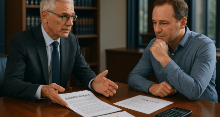 Lawyer and employee discussing severance compensation at conference table in modern law office