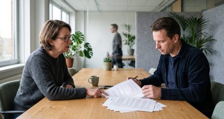 Two business people reviewing a clause in a commercial contract at a table in a Dutch office