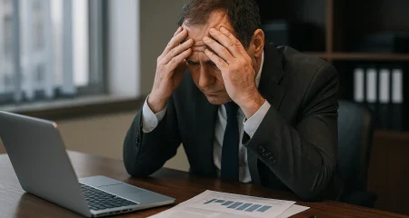 Stressed man at a desk.