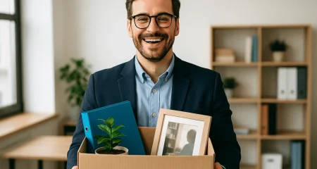 Smiling employee holding a cardboard box.