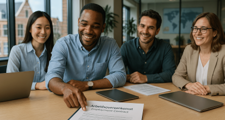 Skupina ljudi razpravlja o pogodbi o zaposlitvi