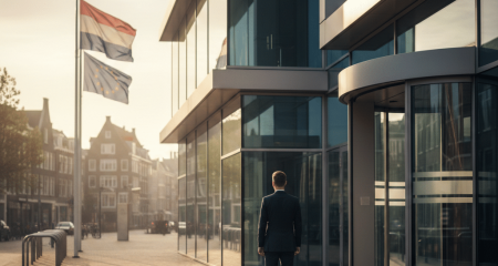 A professional standing at the entrance of a modern glass office building in the Netherlands, symbolizing legal protection and the right to remain during an immigration appeal procedure.