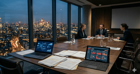 Ноутбук, құқықтық құжаттар және ескерту индикаторларын көрсететін GDPR сәйкестік бақылау тақтасы бар корпоративтік мәжіліс залы — GDPR бойынша деректерді бөлісудің құқықтық тәуекелдерімен бірге жүретін иллюстрация